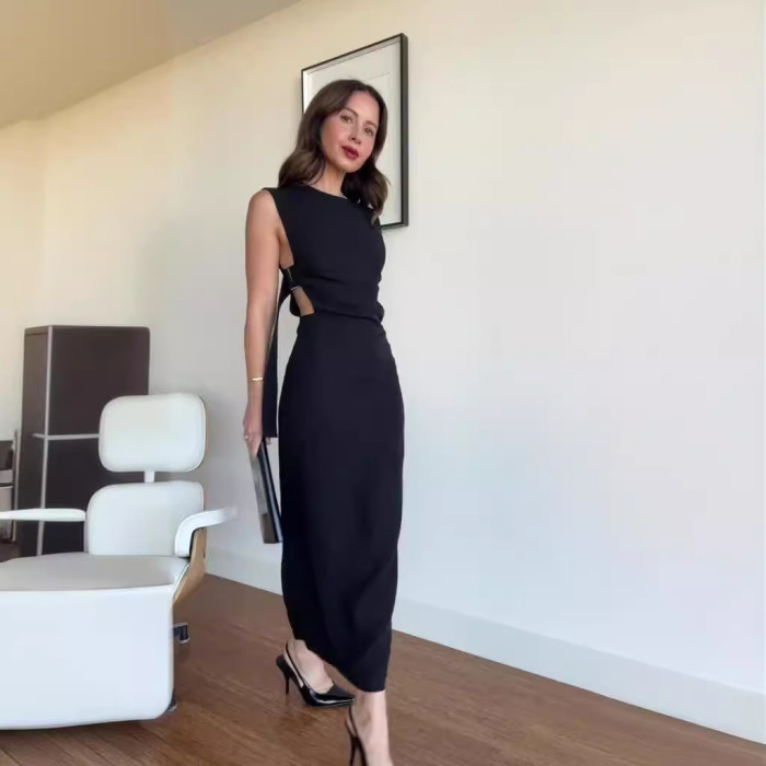 Summer solid color round neck sexy low back High slit long dress