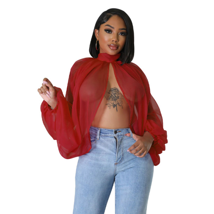 Women's Summer Lace-Up Printed Chiffon Shirt Bat Sleeves Top