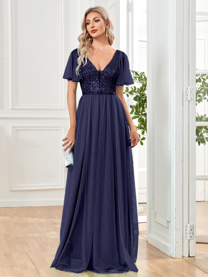 Women sequined formal party mesh large v-neck sexy short sleeve evening dress