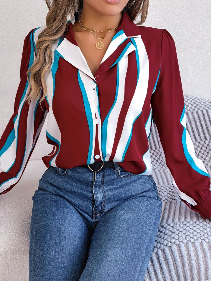 Autumn/Winter Casual  Contrast Stripe Turndown Collar Long Sleeve Shirt Women