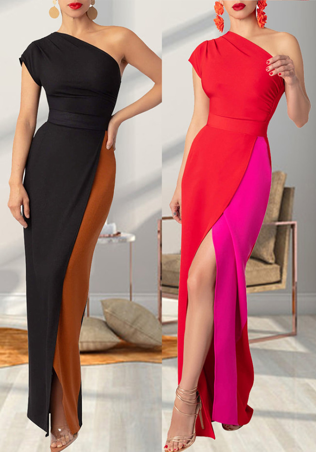 contrast color one-shoulder Elegant long dress evening gown
