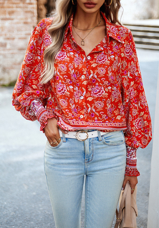 Printed Shirt Women Autumn Winter Holidays Casual Long Sleeve Top
