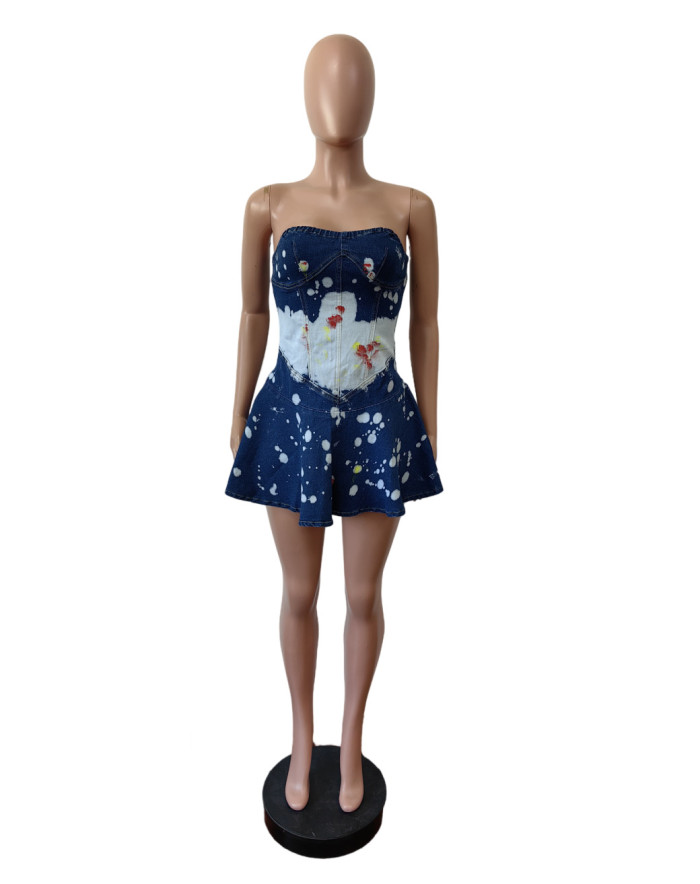 Women Denim Printed Strapless Stretch Ruffle Dress