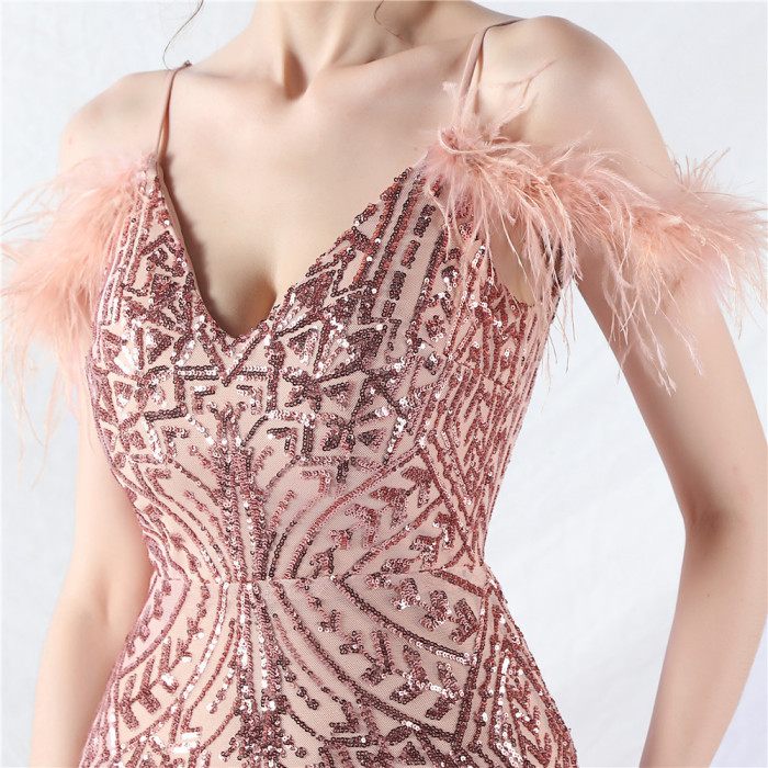 Strap V-Neck Feather Formal Party Evening Dress