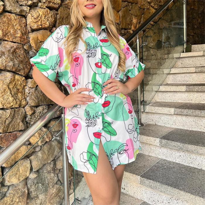 Plus Size V-neck Cartoon Print Slim Fit Short Sleeve Shirt for Women