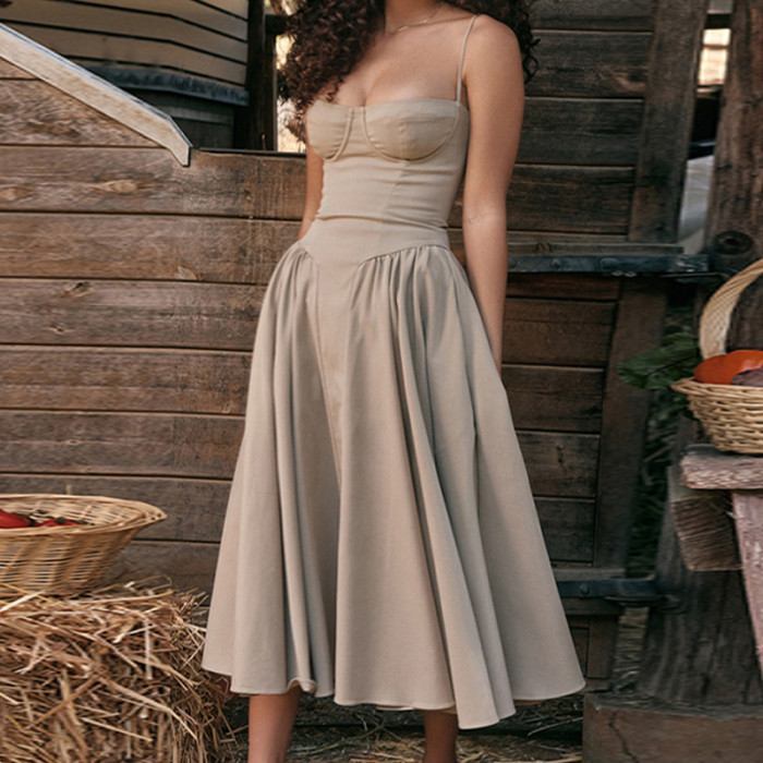 Fashionable Sexy Solid Color Strap A-line Dress