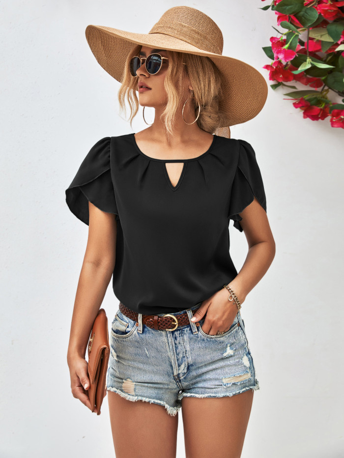 Ladies Solid Hollow Out Gathered Shirt
