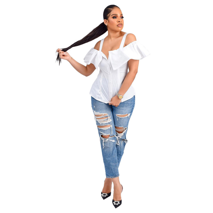 Women's Spring Summer Shirt Button Up Slim Waist Off Shoulder Ruffled Strap Adjuster Top