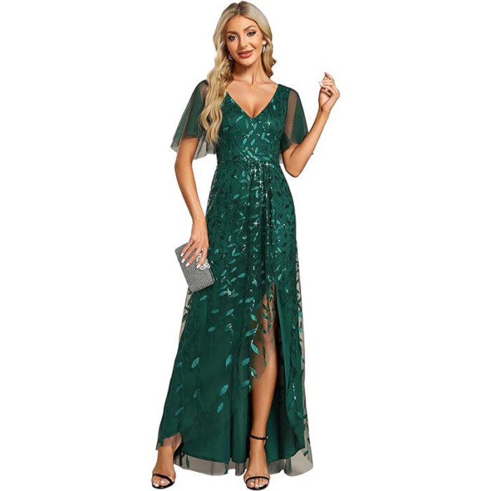 Elegant Embroidered Sequined Prom Dress Ruffle Sleeve Fishtail Long Evening Dress