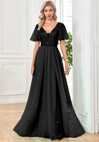 Women sequined formal party mesh large v-neck sexy short sleeve evening dress
