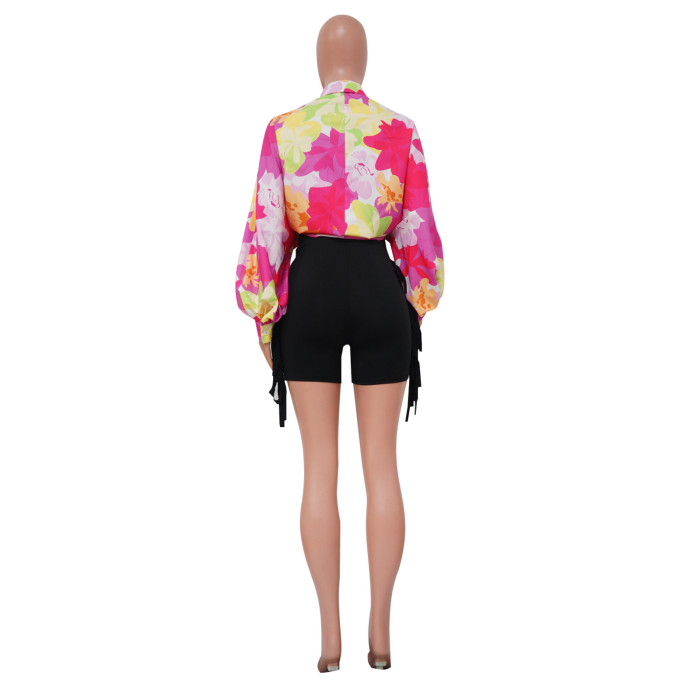 Women's Bat Sleeves Top Turndown Collar Print Shirt