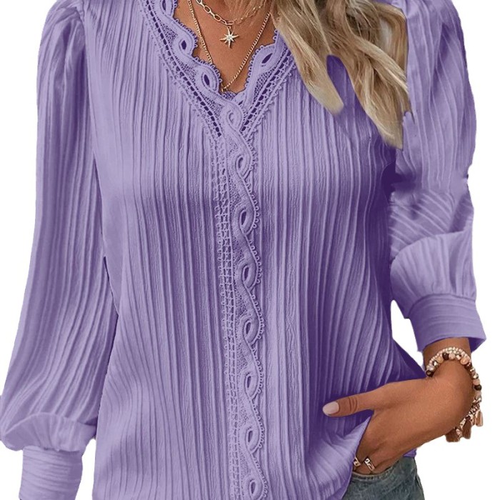 Women Autumn Long Sleeve V Neck Lace Shirt
