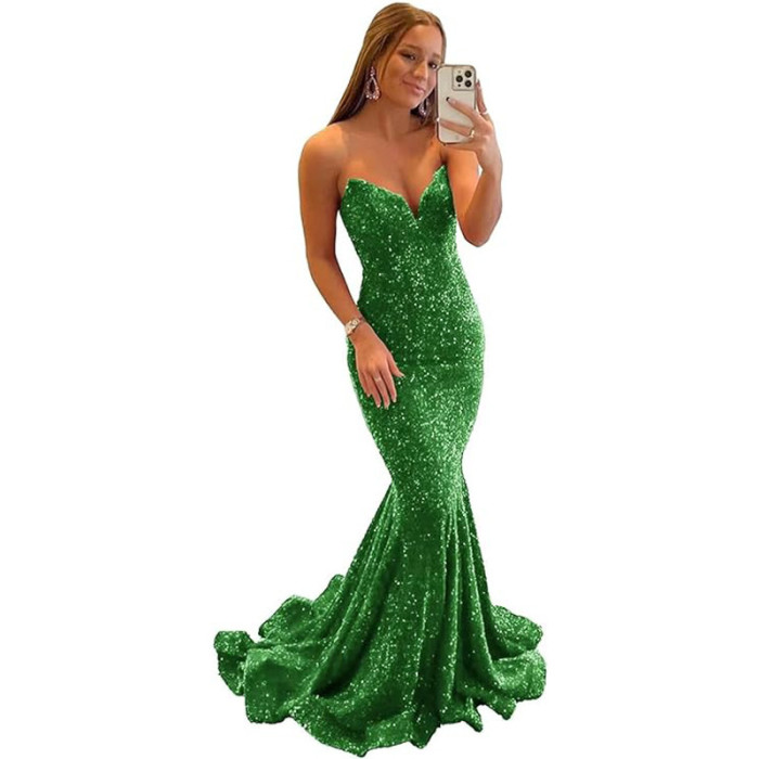 Women Sequined Ball Party Fishtail Shining V Neck Evening Dress