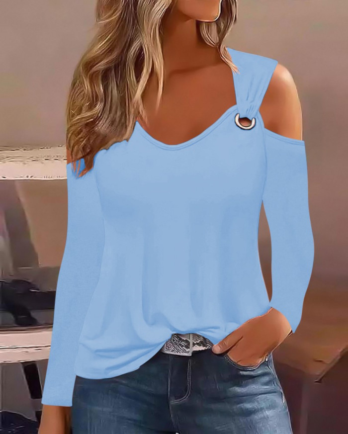 Women Autumn Metal Button V-Neck Shirt
