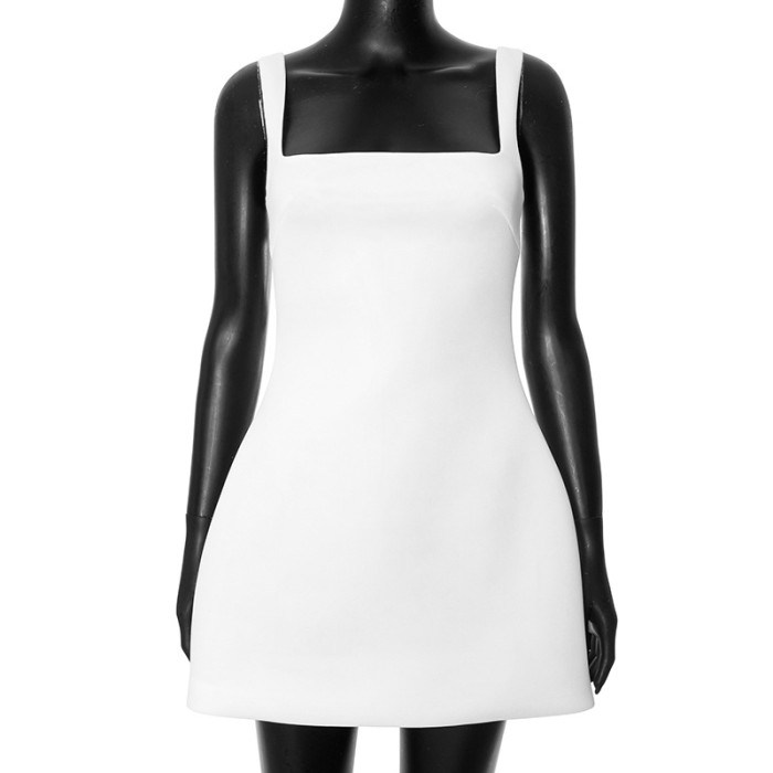 Women's Summer Solid Color Elegant Strap High Waist A-Line Short Dress