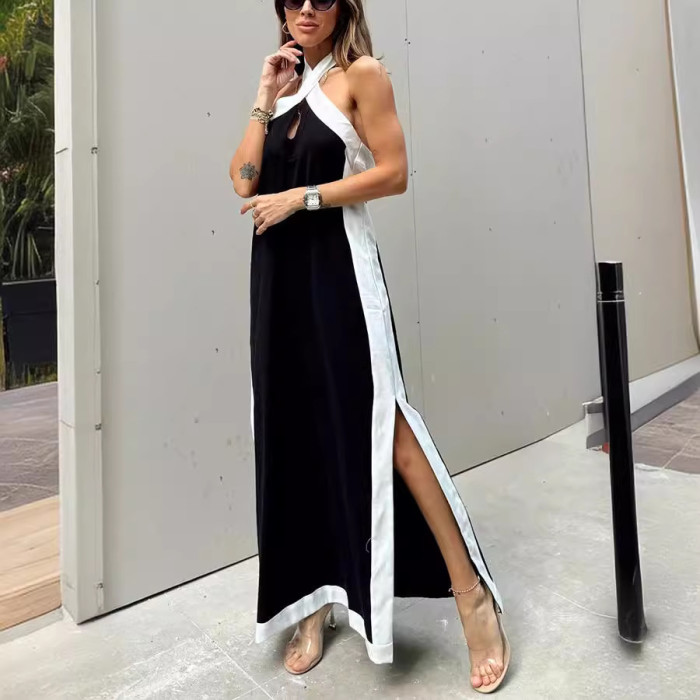 Summer Low Back Halter Neck Split Chic Linen Dress For Women