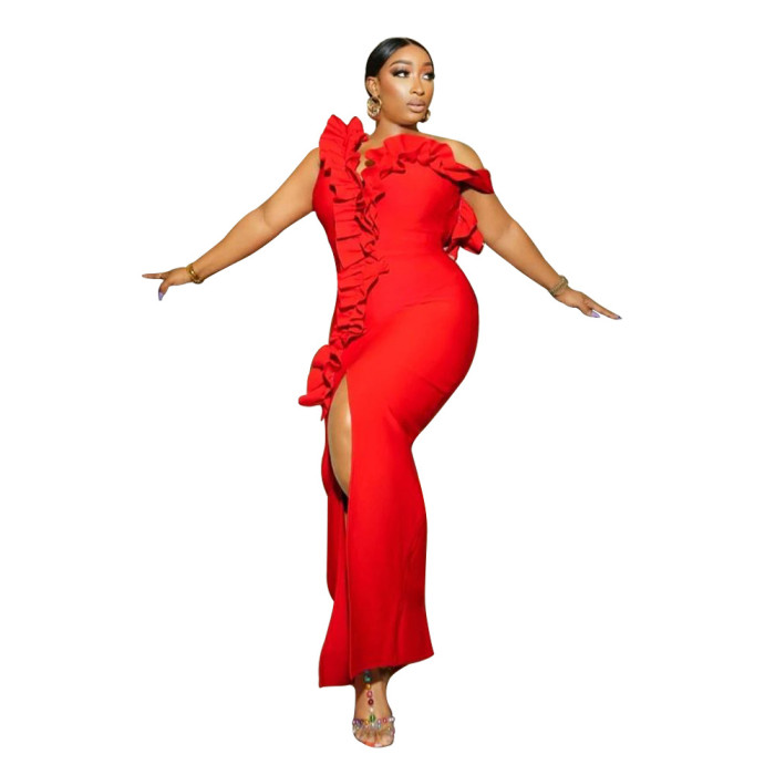 Women's Sexy Ruffled One-Shoulder Slit Evening Dress