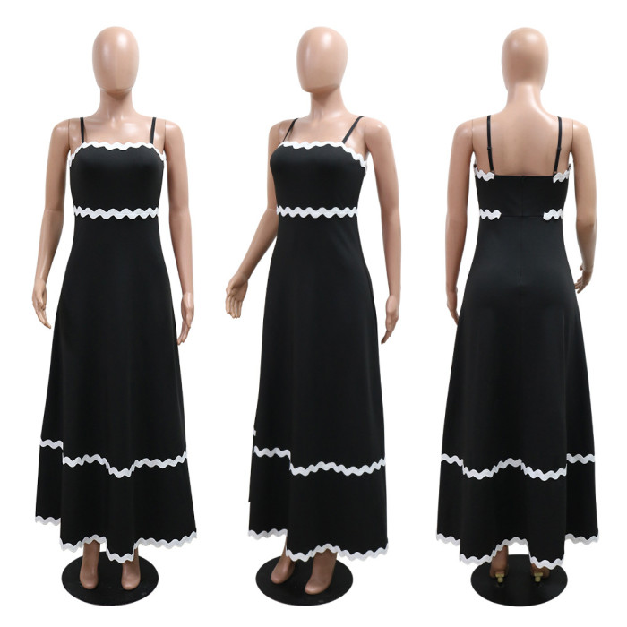 Women Strap Solid Wave Ribbon Patchwork Solid Strap Dress