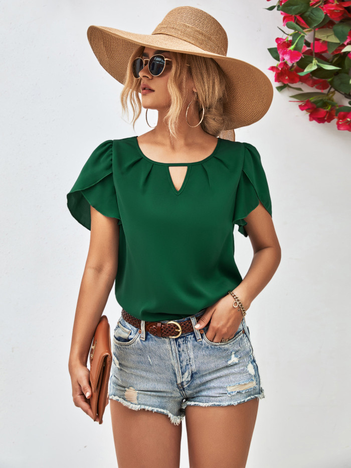 Ladies Solid Hollow Out Gathered Shirt
