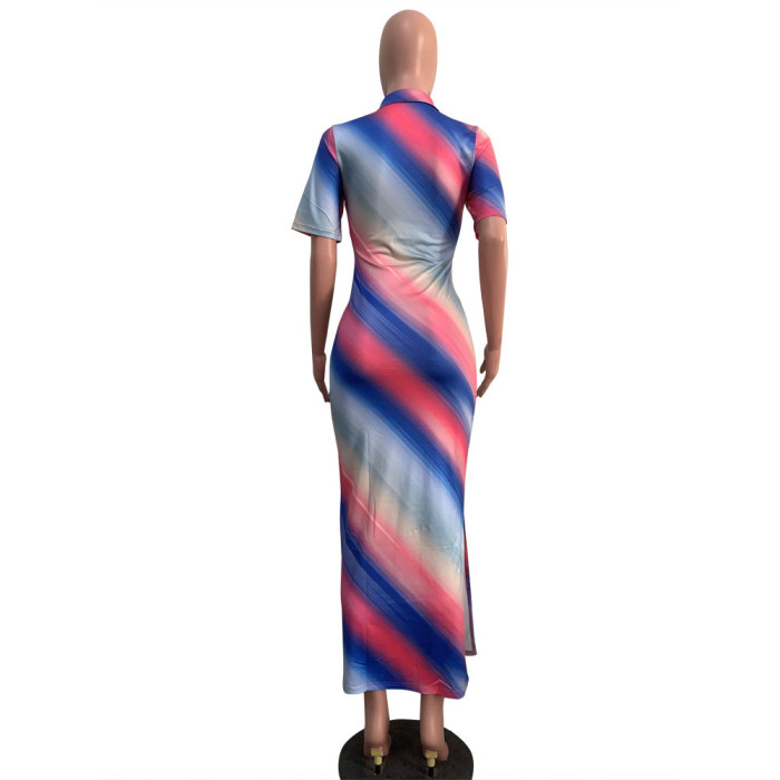 Spring Summer Women's Fashion Striped Printed Turndown Collar Elegant Short Sleeve Split Dresses
