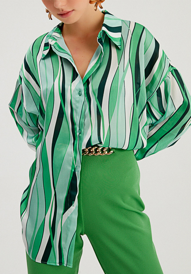 Career Women Blouse Vertical Stripe Loose Digital Printing Style Street Long Sleeve Shirt