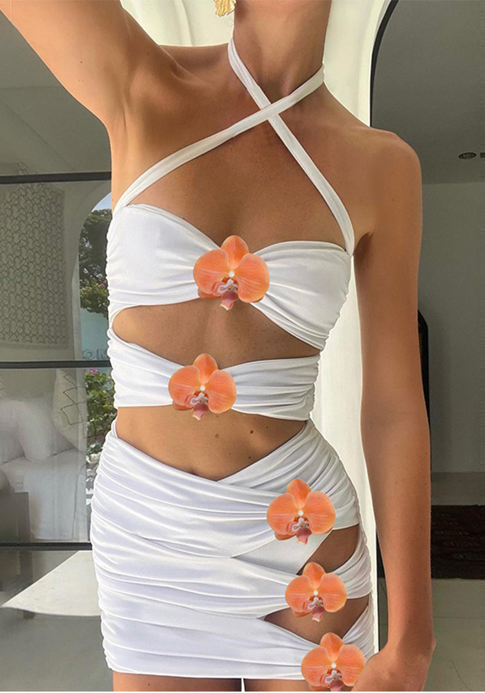 Women Cross Halter Neck Flower Summer Hollow Bodycon Mini Dress