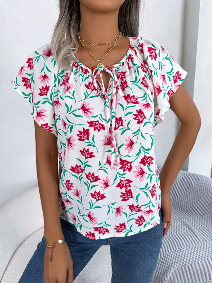 Women Casual Loose Ruffle Tie Chiffon Top
