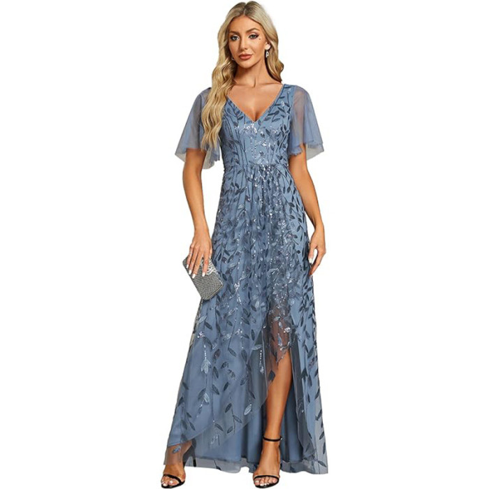 Elegant Embroidered Sequined Prom Dress Ruffle Sleeve Fishtail Long Evening Dress