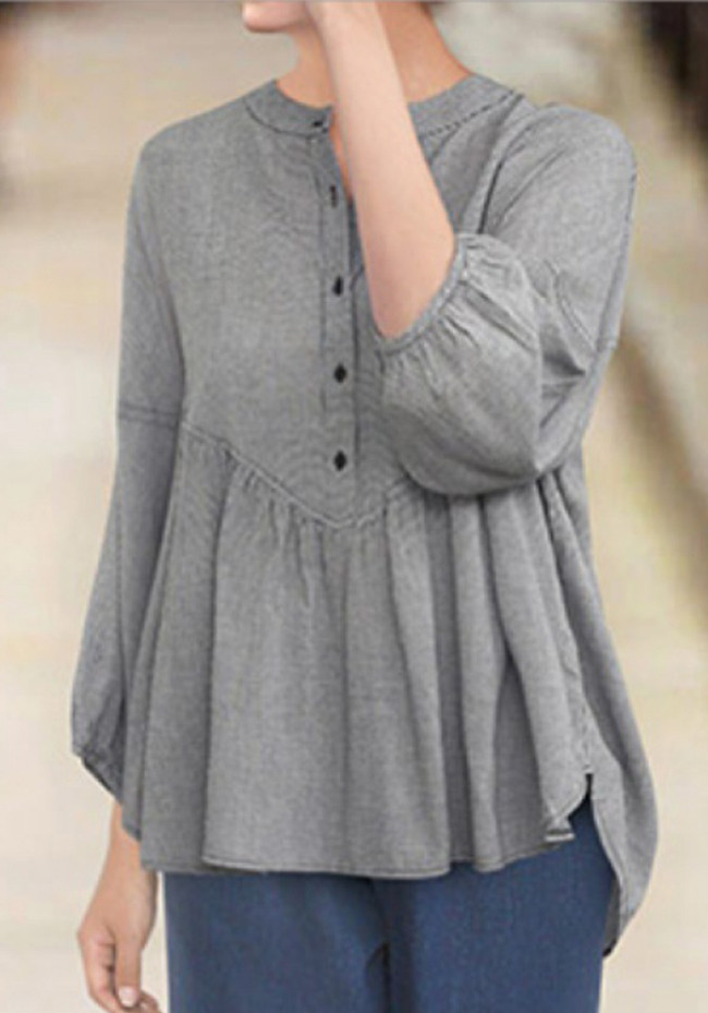 3/4 Sleeves Plus Size Top Loose Casual Slim Fit Chic V Neck Classic Plaid Shirt Women