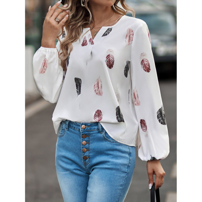 Autumn and winter women's v-neck feather print long-sleeved loose t-shirt women's tops
