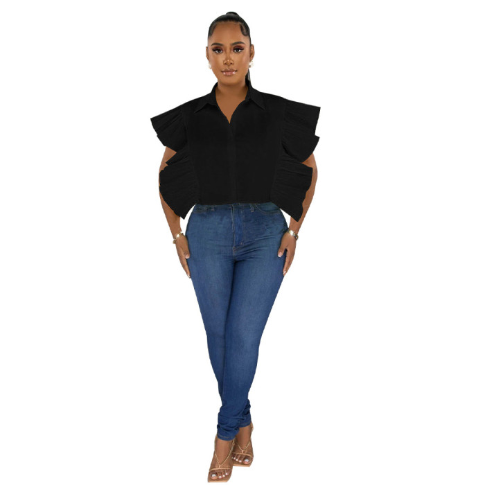 Women Solid Turndown Collar Ruffle Sleeve Shirt