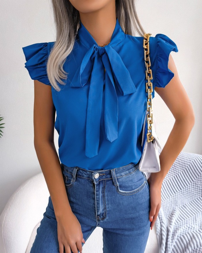 Women'S Summer Solid Color Simple Bowknot Short Sleeve Shirt