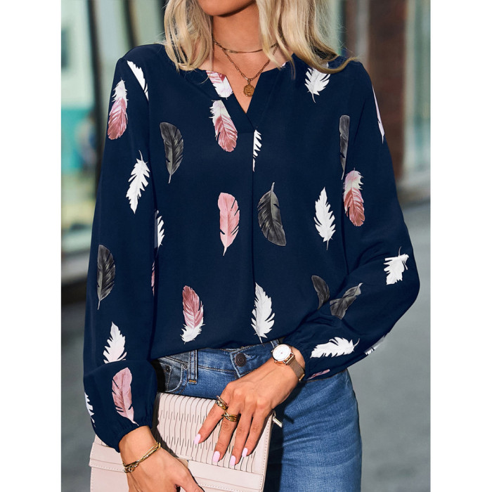 Autumn and winter women's v-neck feather print long-sleeved loose t-shirt women's tops