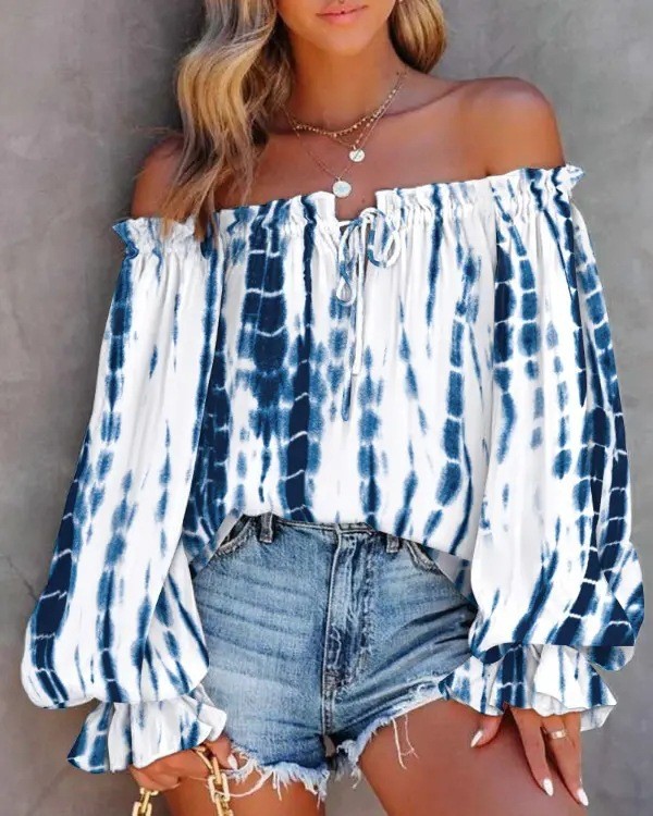 Women Spring Off Shoulder Bell Bottom Long Sleeve Tie Shirt