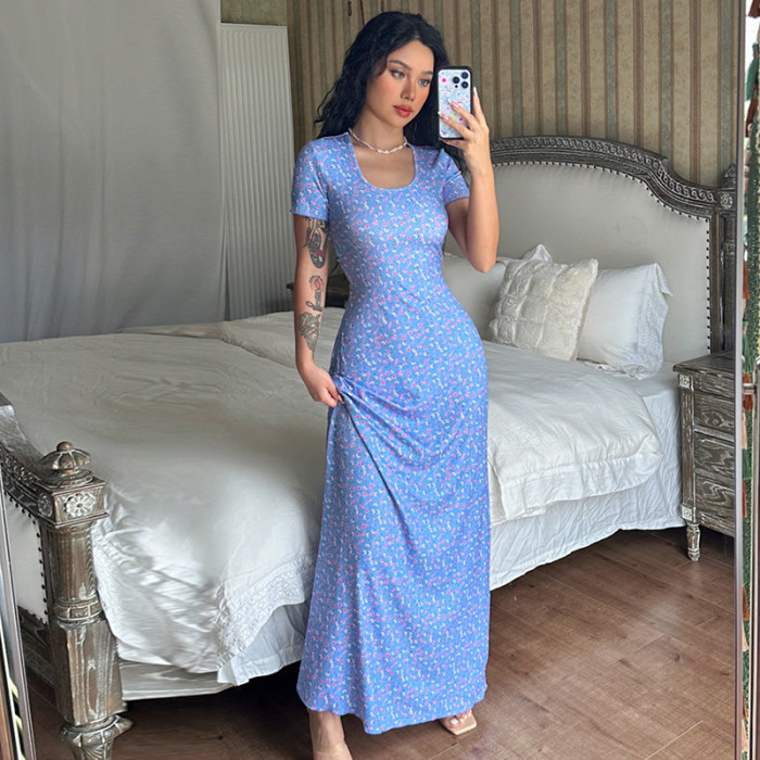 Women Summer Printed U-neck Lace-Up Short Sleeve Dress