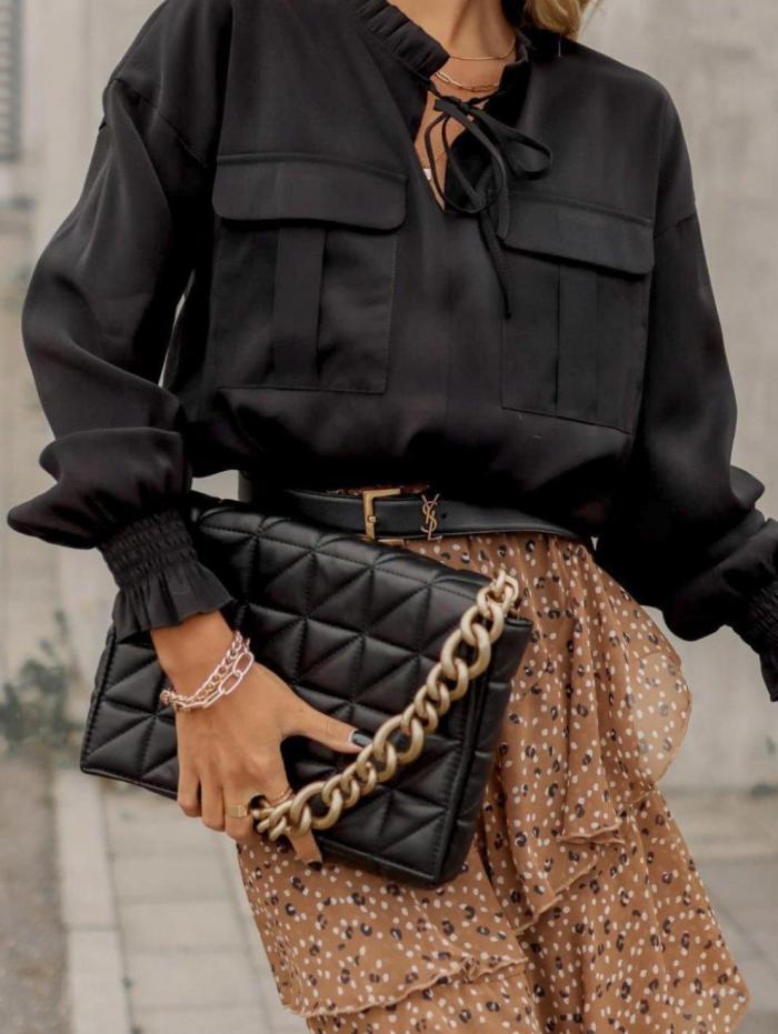 Autumn and winter simple fashion casual tie pocket shirt women