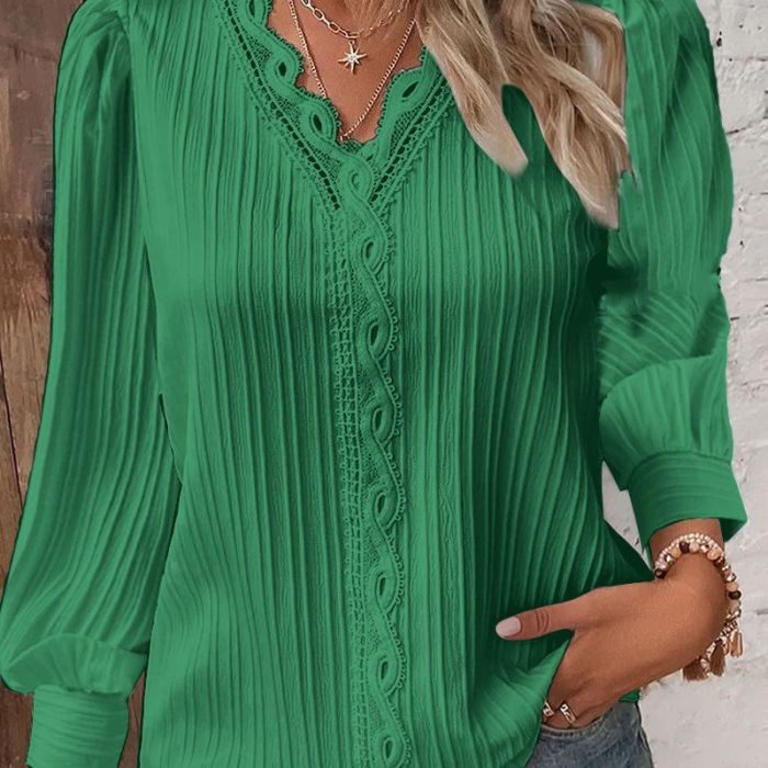 Women Autumn Long Sleeve V Neck Lace Shirt