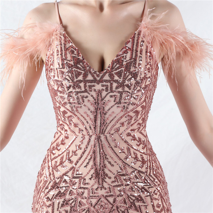 Strap V-Neck Feather Formal Party Evening Dress