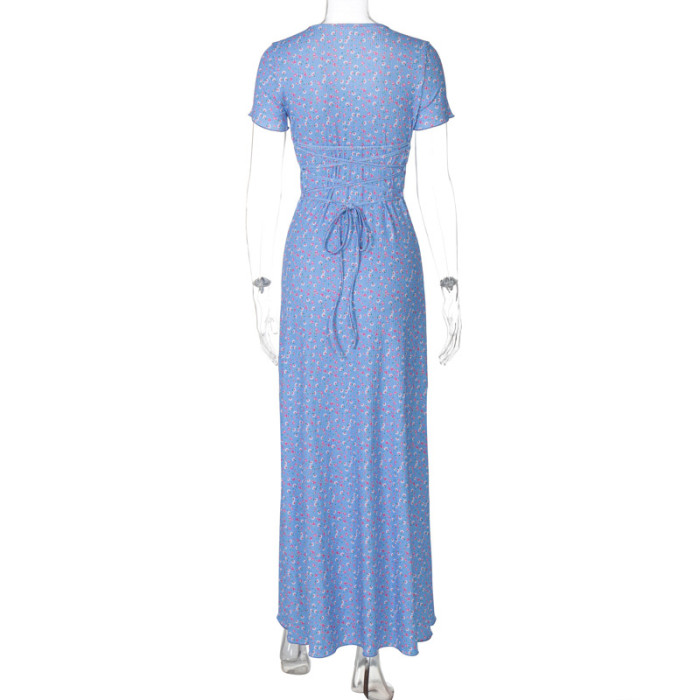 Women Summer Printed U-neck Lace-Up Short Sleeve Dress