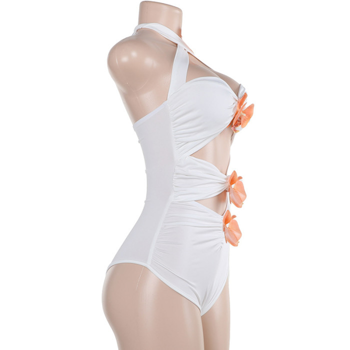 Women Cross Halter Neck Flower Summer Hollow Bodycon Mini Dress