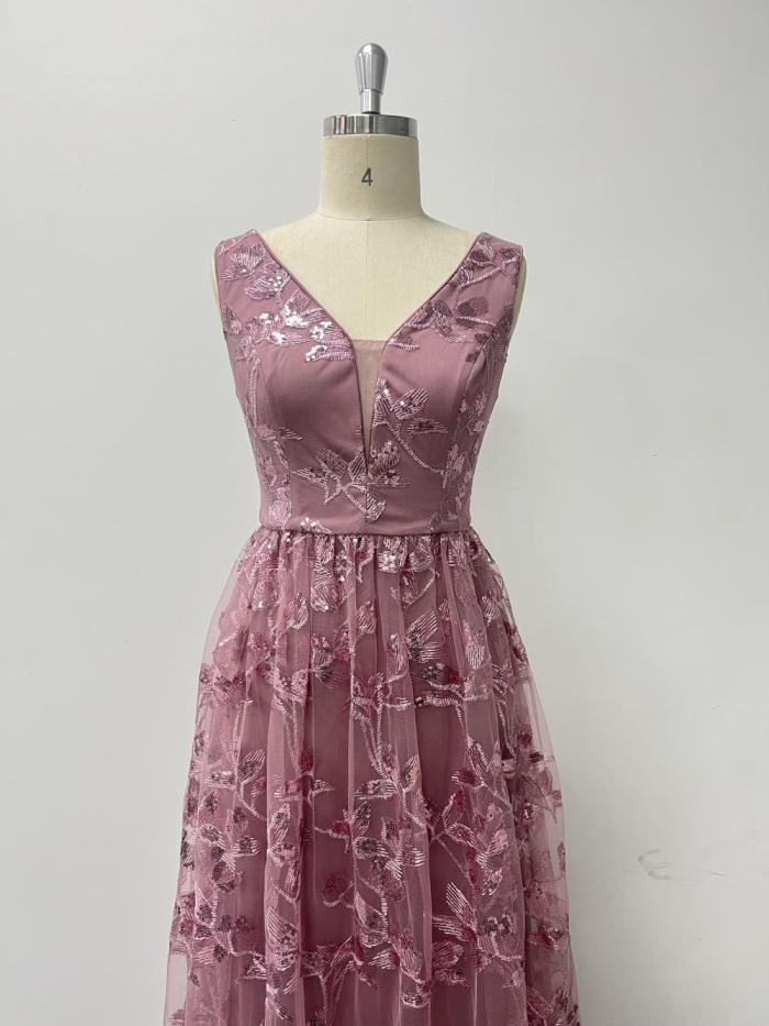 Women sleeveless double v-neck mesh print zipper dress