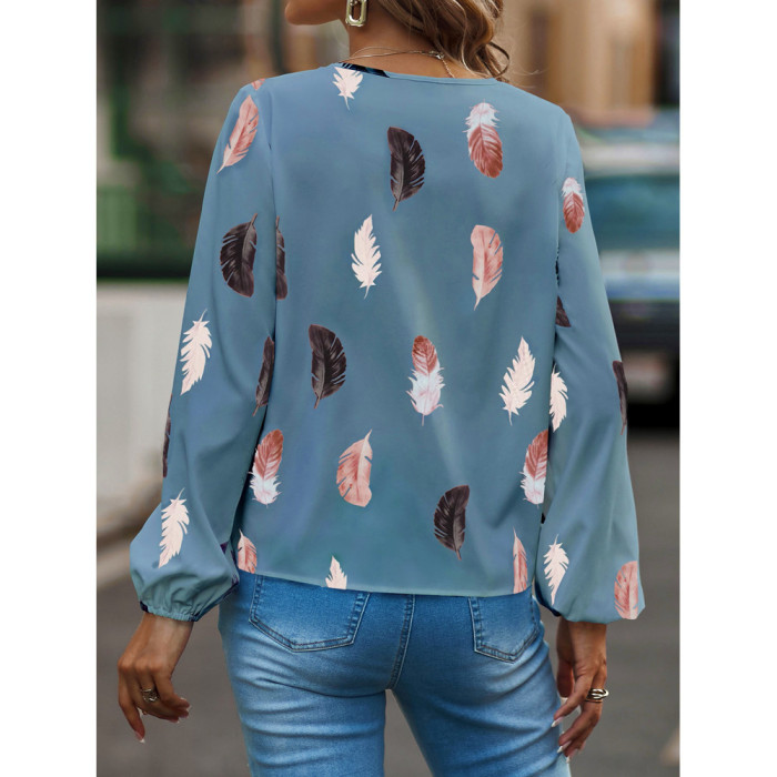 Autumn and winter women's v-neck feather print long-sleeved loose t-shirt women's tops