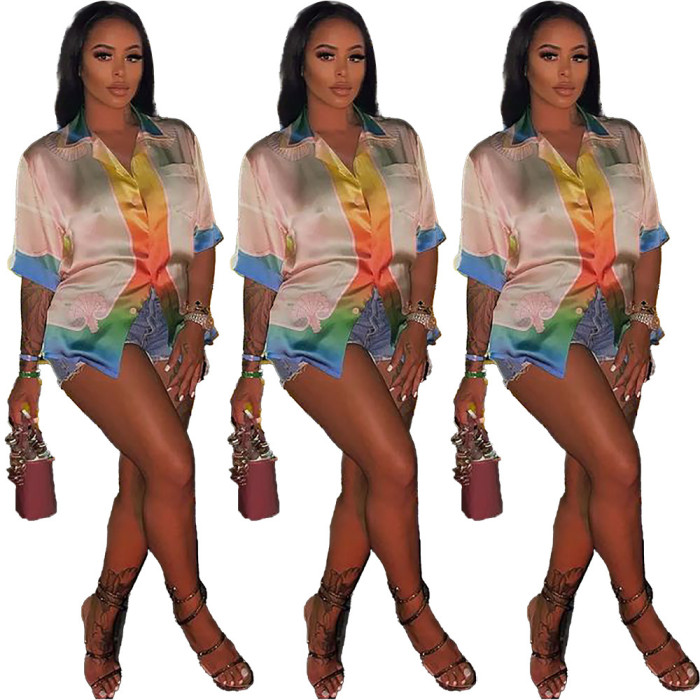 Women Casual Color Block Satin Short Sleeve Shirt