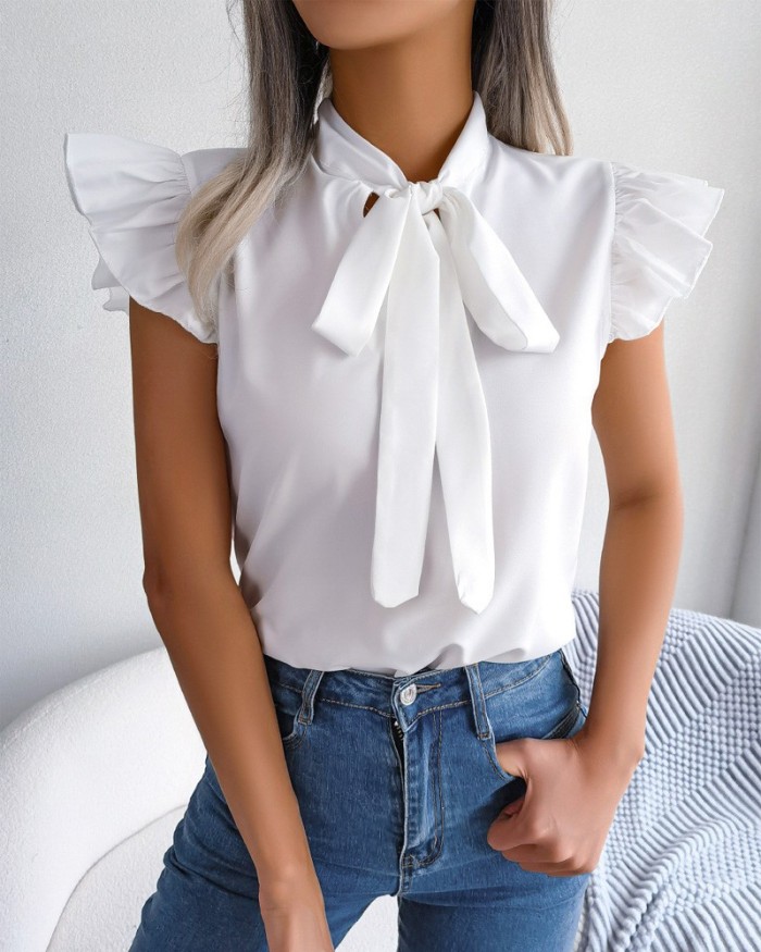 Women'S Summer Solid Color Simple Bowknot Short Sleeve Shirt