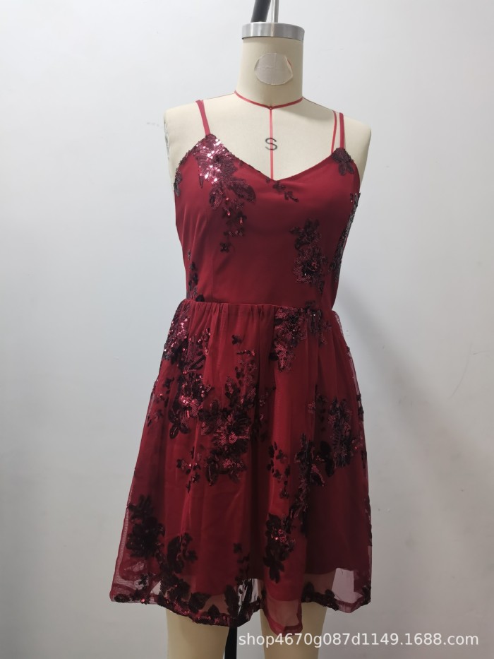 Sexy Strap Low Back Sequin Embroidery Mini Party Dress