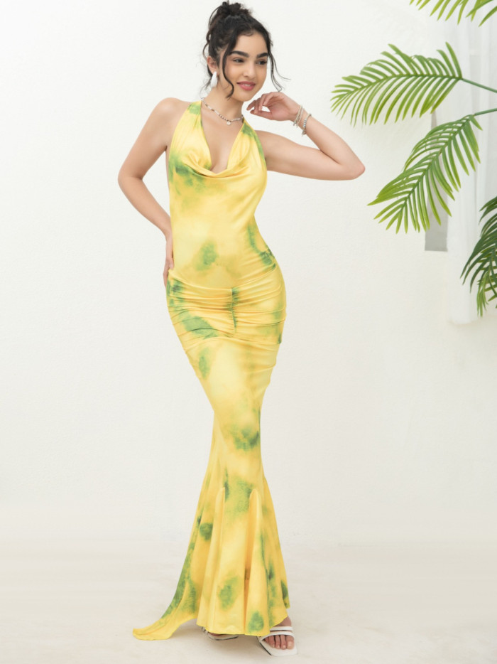 Women's Strap French Chic Style Halter Neck Deep V Printed Ruffle Long Dress