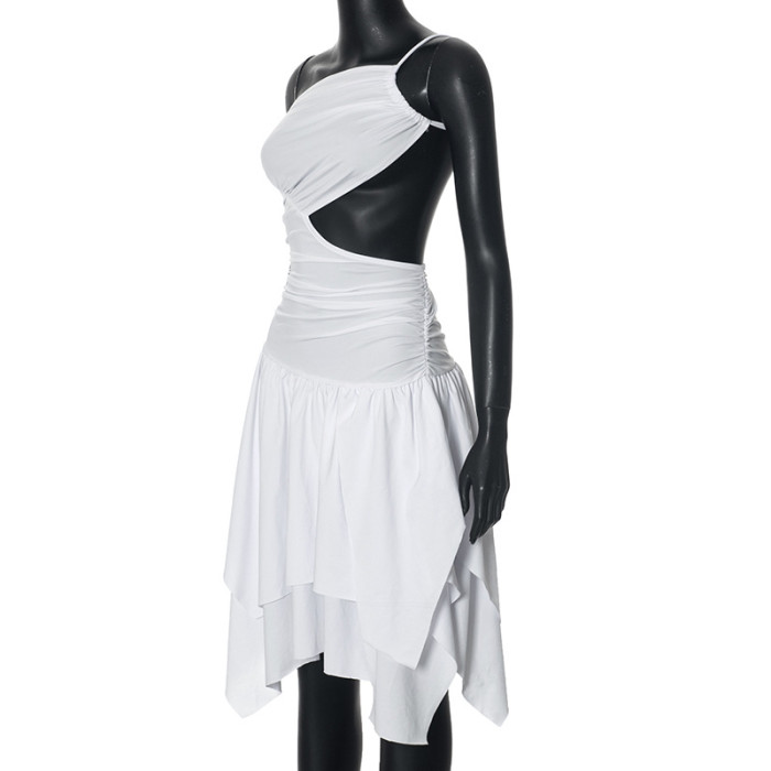 Women Summer Solid One-Shoulder Hollow Backless Dress