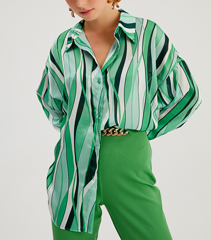 Career Women Blouse Vertical Stripe Loose Digital Printing Style Street Long Sleeve Shirt