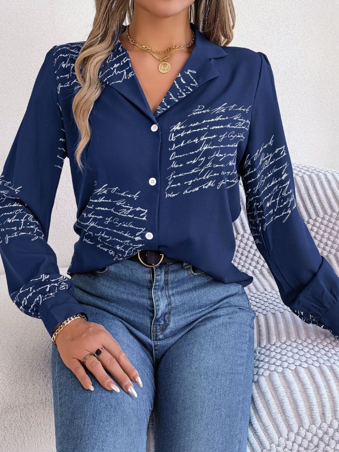 Fall Winter Casual All-Match Letter Turndown Collar Long Sleeve Shirt