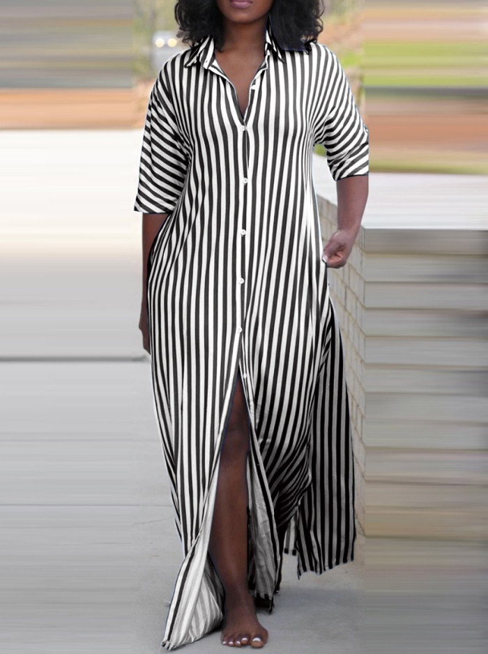 Women Summer Loose V-Neck Long Striped Shirt Dress